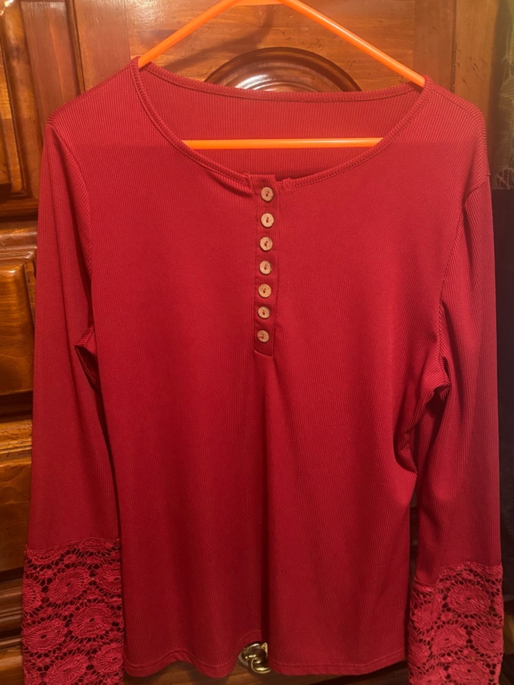 Women’s Red Button Henley Top with Lace Cuffs
